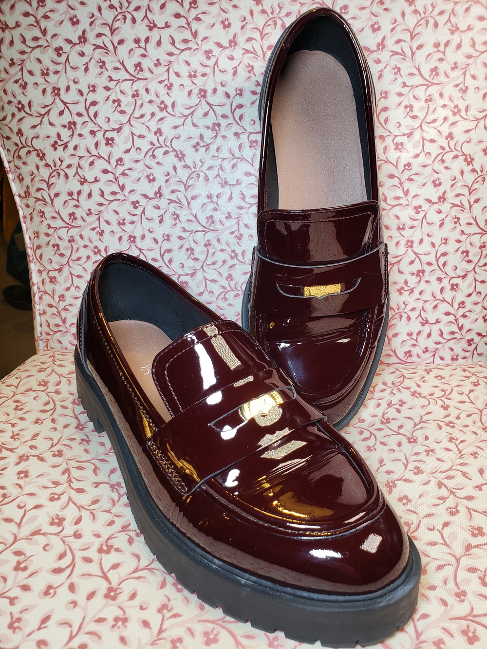 Glossy Burgundy Patent Loafers with Chunky Sole